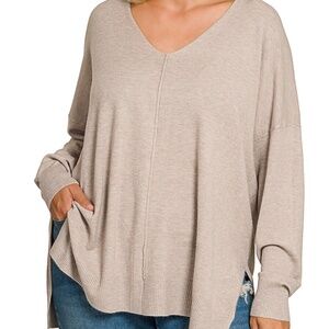 NWOT Zenana Front Seam Vneck Sweater in Plus - H Mocha